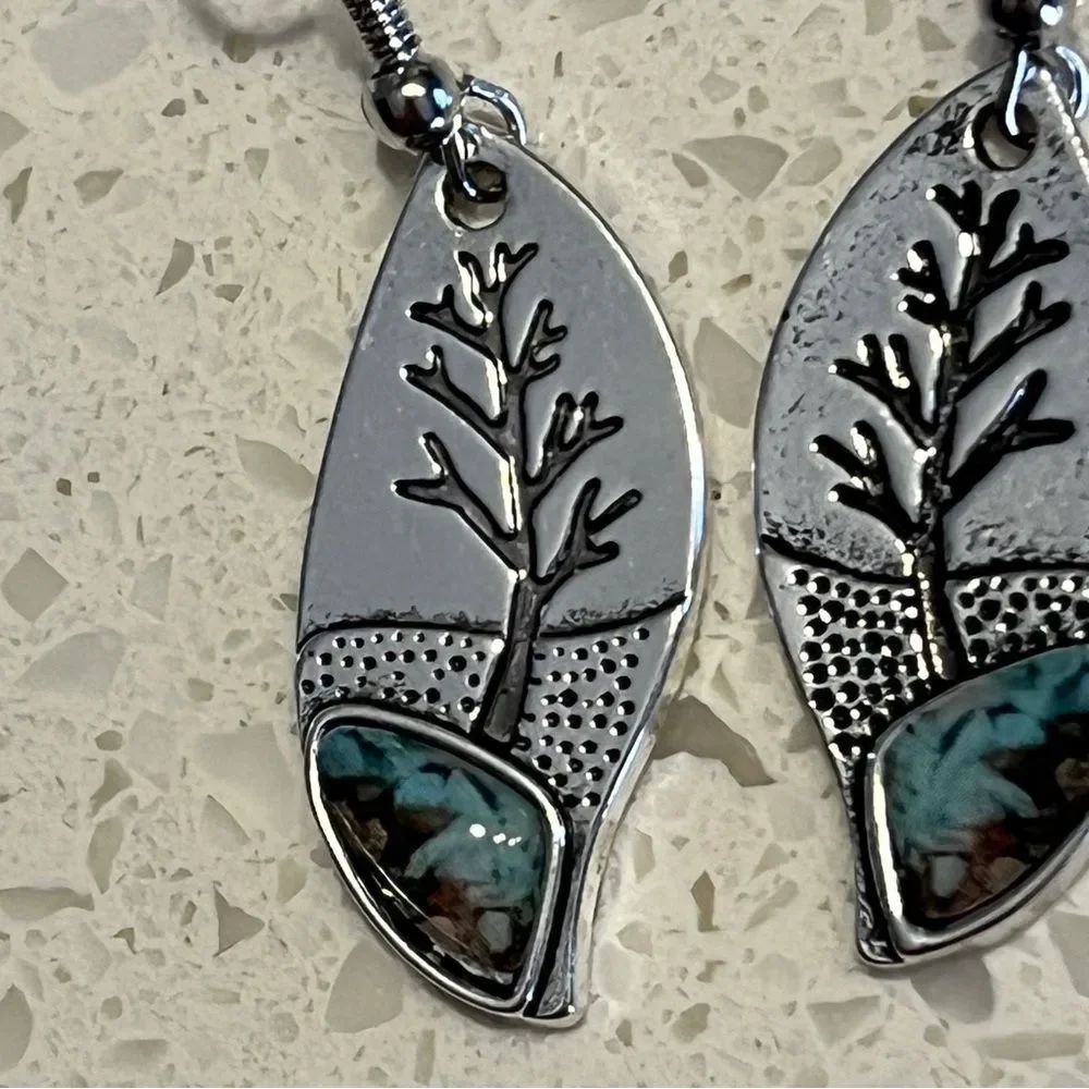 Vintage Minimalist Tree fake Turquoise Pendant‎ Earring